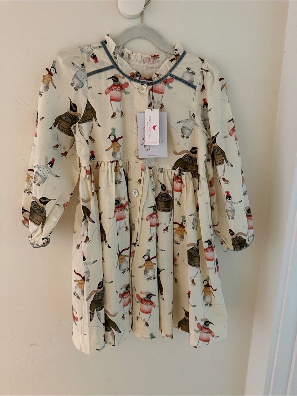 Pink Chicken Cream Penguin-Print Long Sleeve Dress with Multicolor Accents